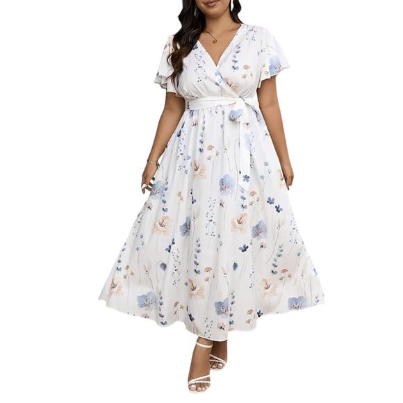 Floral Midi Plus-Size Dress V-Neck Belted Waist White Blue Spring Size 20 - Picture 5 of 7